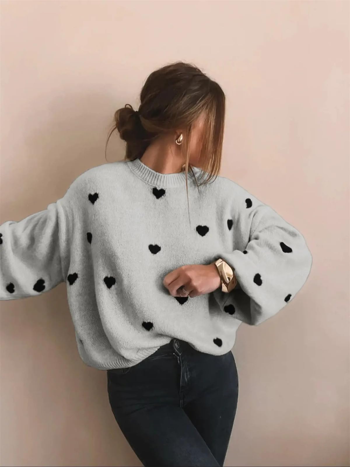 Maglione oversize da donna a forma di cuore per San Valentino, maglione lavorato a maglia, sciolto con spalle cadenti casual