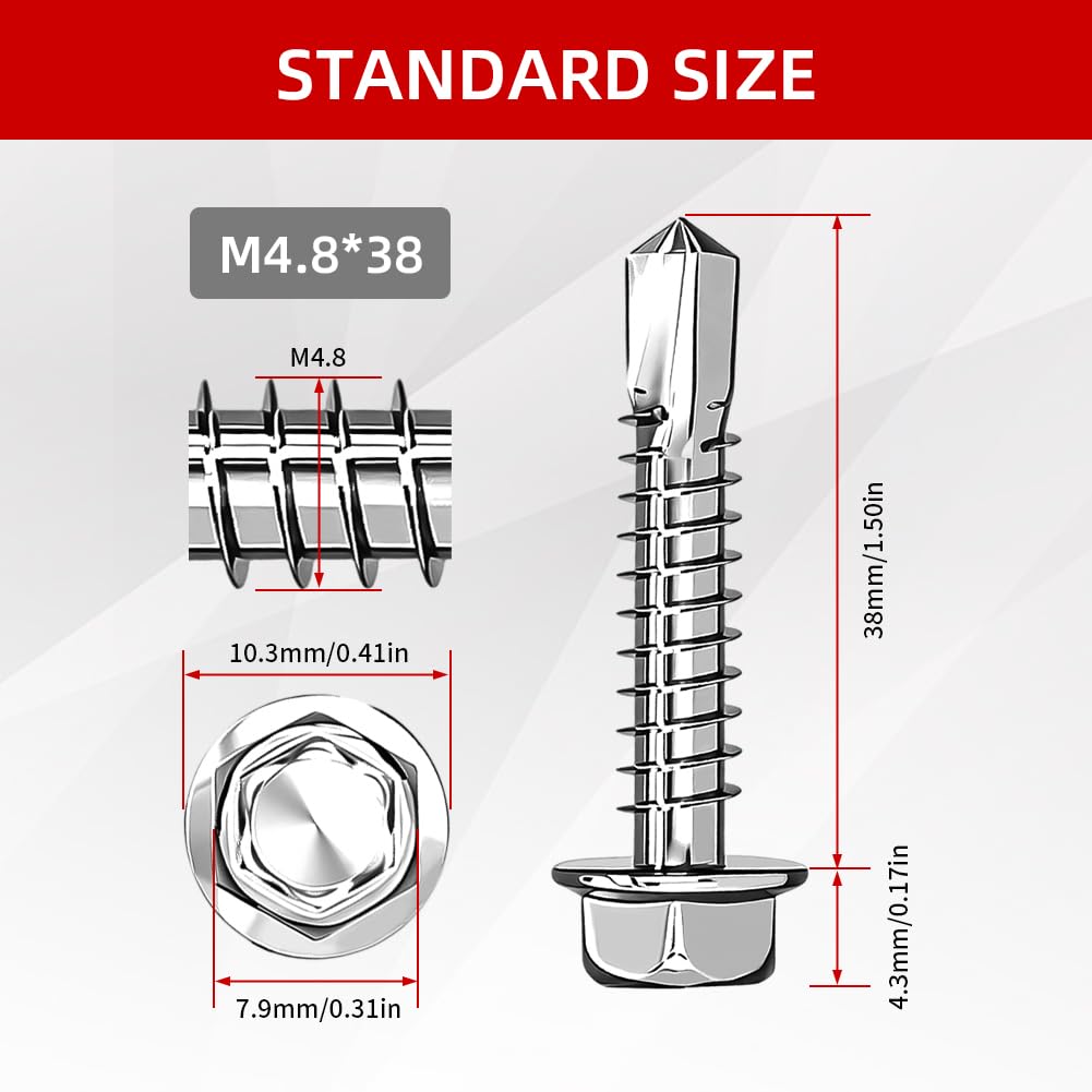 300 tornillos autorroscantes M4.8 x 38 mm, tornillos autorroscantes de cabeza hexagonal con arandela de acero inoxidable 410, kit surtido de tornillos autorroscantes.
