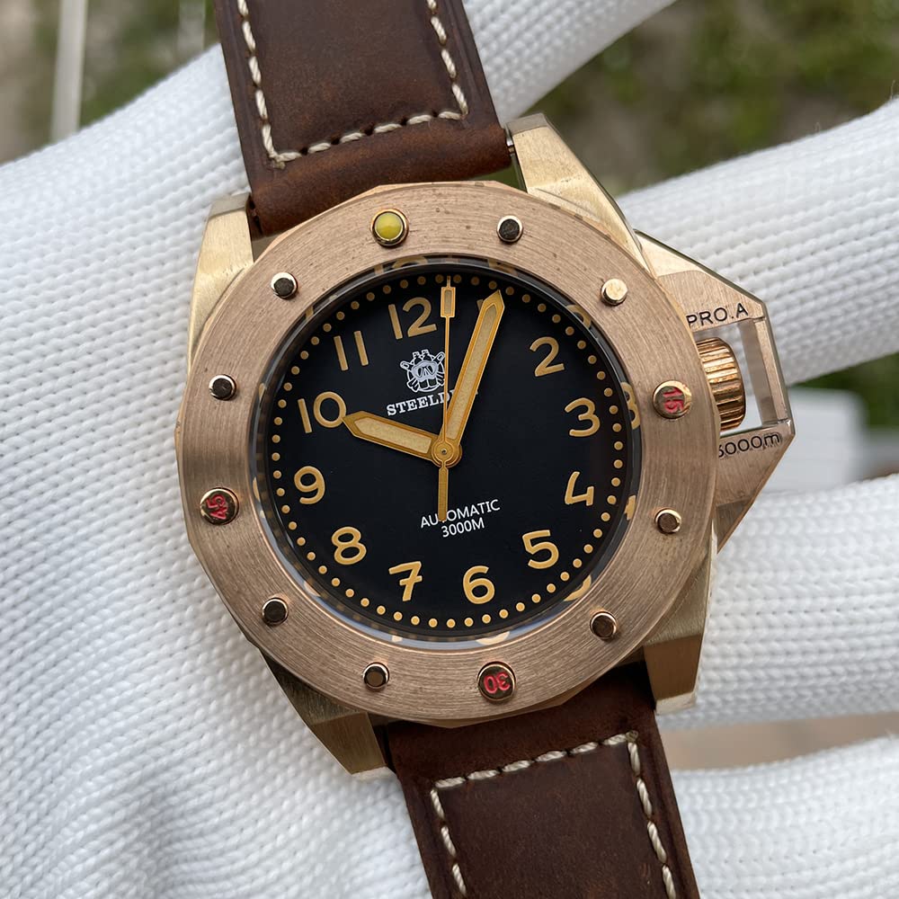 Steeldive SD1945S Automatische mechanische Taucheruhr NH35 CUSN8 Bronze-Gehäuse 200 m wasserdichte Armbanduhr, Lederarmband, Taucher, mechanisch