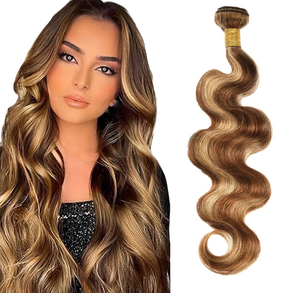Human Hair Extensions Body Wave Human Hair Bundles Sew in Bundles P4/27 Highlight Blonde Unprocessed Virgin Cheveux Humain Minimal Smell Low Tangle for Women 1 Bundle 16 Inch