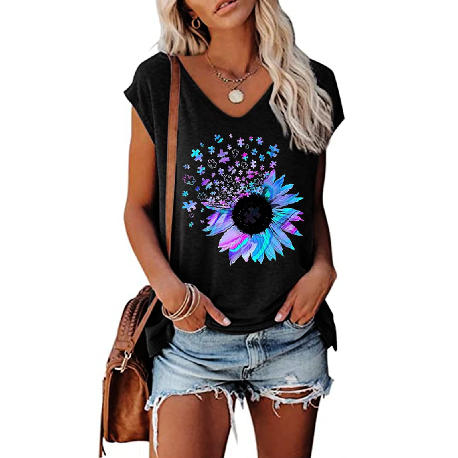 MAGICMKWomen's Cap Sleeve Vest V Neck Solid Print Casual Short Sleeve Loose Basic Shirt