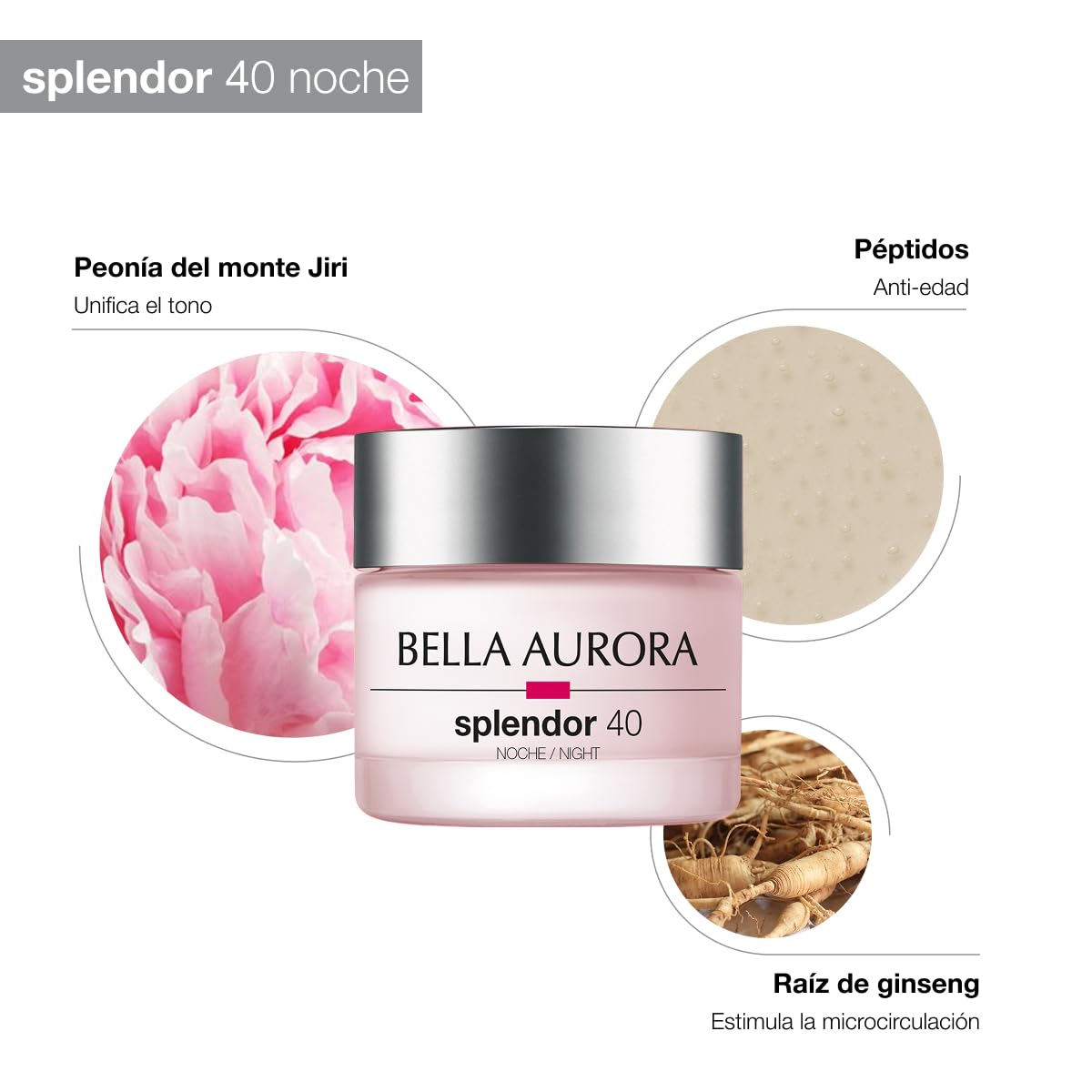 Bella Aurora Splendor 40 Noche 50ml | Crema Reparadora de Noche con Peonía del Monte Jiri | Unifica el Tono y Revitaliza la Piel | Efecto Detox y Antiedad | Para Pieles 40+