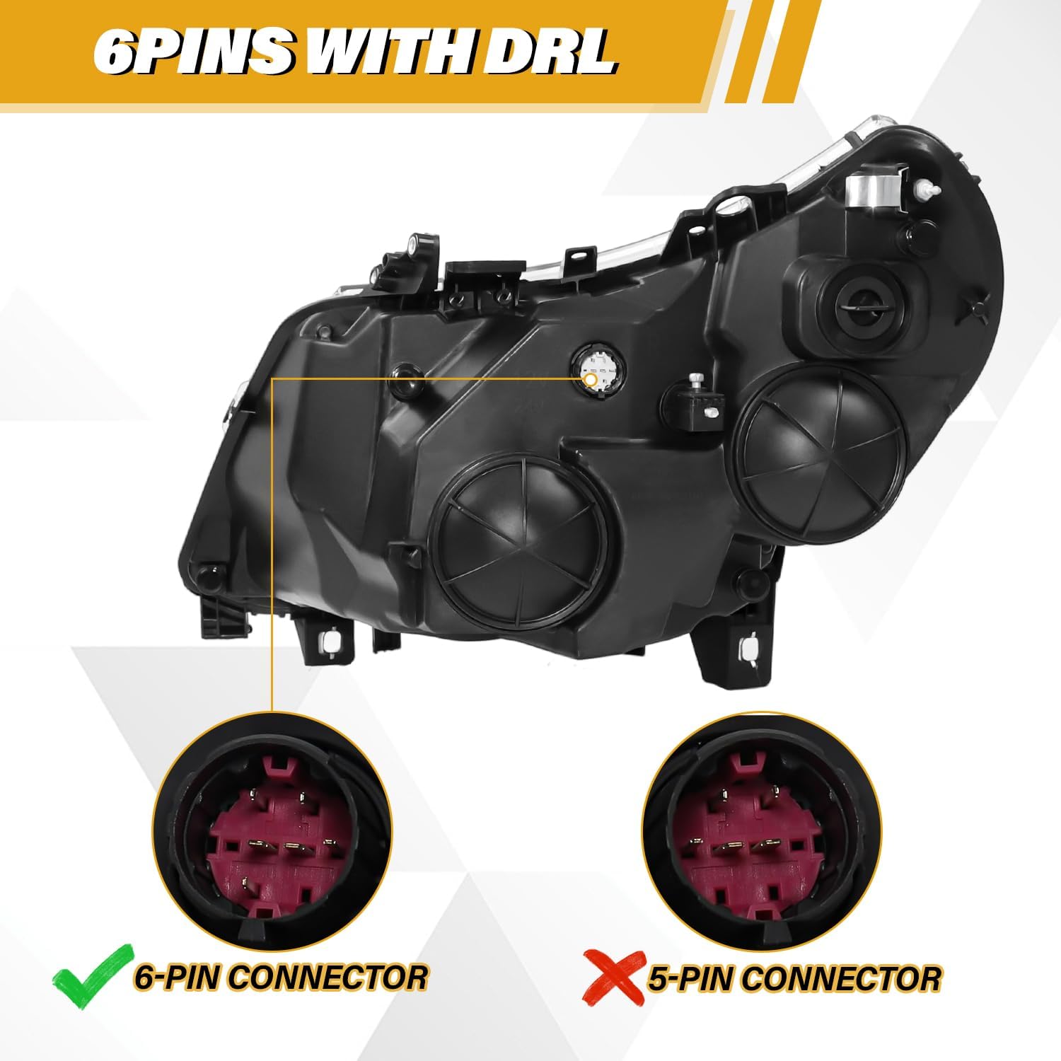 6 pins headlight assembly with drl compatible with dodge ram promaster 1500 2500 3500 2014-2022, oe-style headlamp replacement with bulbs for 68154588ak 68154589ak, black housing amber corner black housing amber corner 6 pins with drl