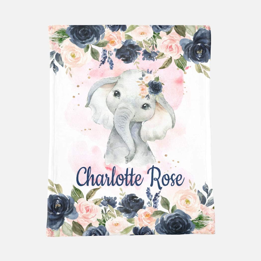 Elephant Floral Baby Blanket, Blush Pink Navy Blue Watercolor Flowers Name Personalized Girl Baby Shower Gift Nursery Crib Bedding 30x40 inches
