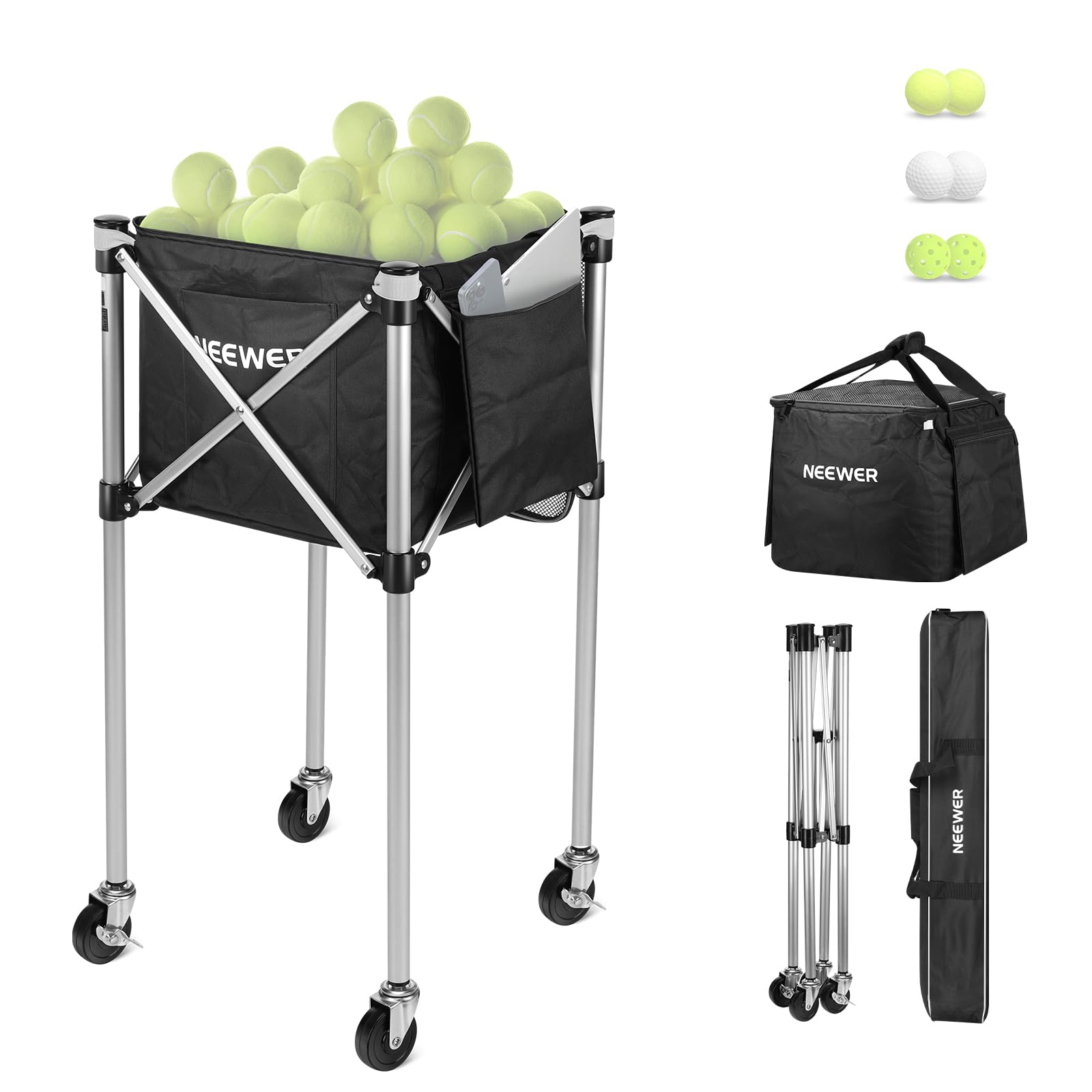 NEEWER Tennis Ball Hopper, Pickleball Retriever Collector Basket Cart Holder Tennis Court Equipment Accessory for Training Teaching