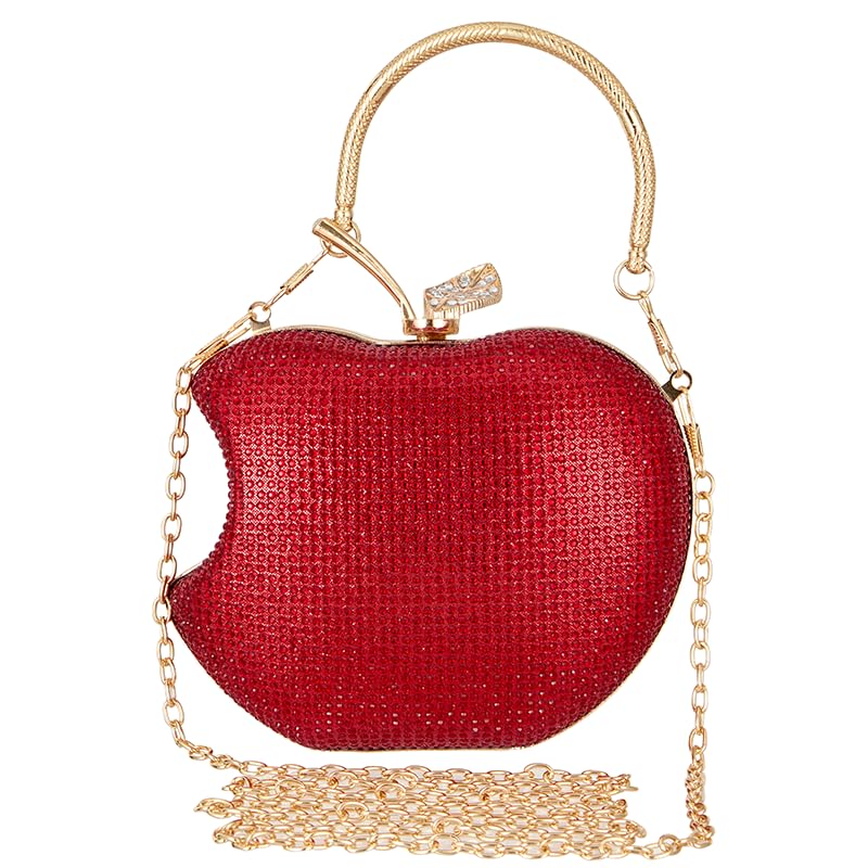 Red Rhinestone Apple-Shaped Evening Clutch Purse for Women, Crossbody Bag with Detachable Chain, Elegant Party Handbag for Prom Wedding Dinner