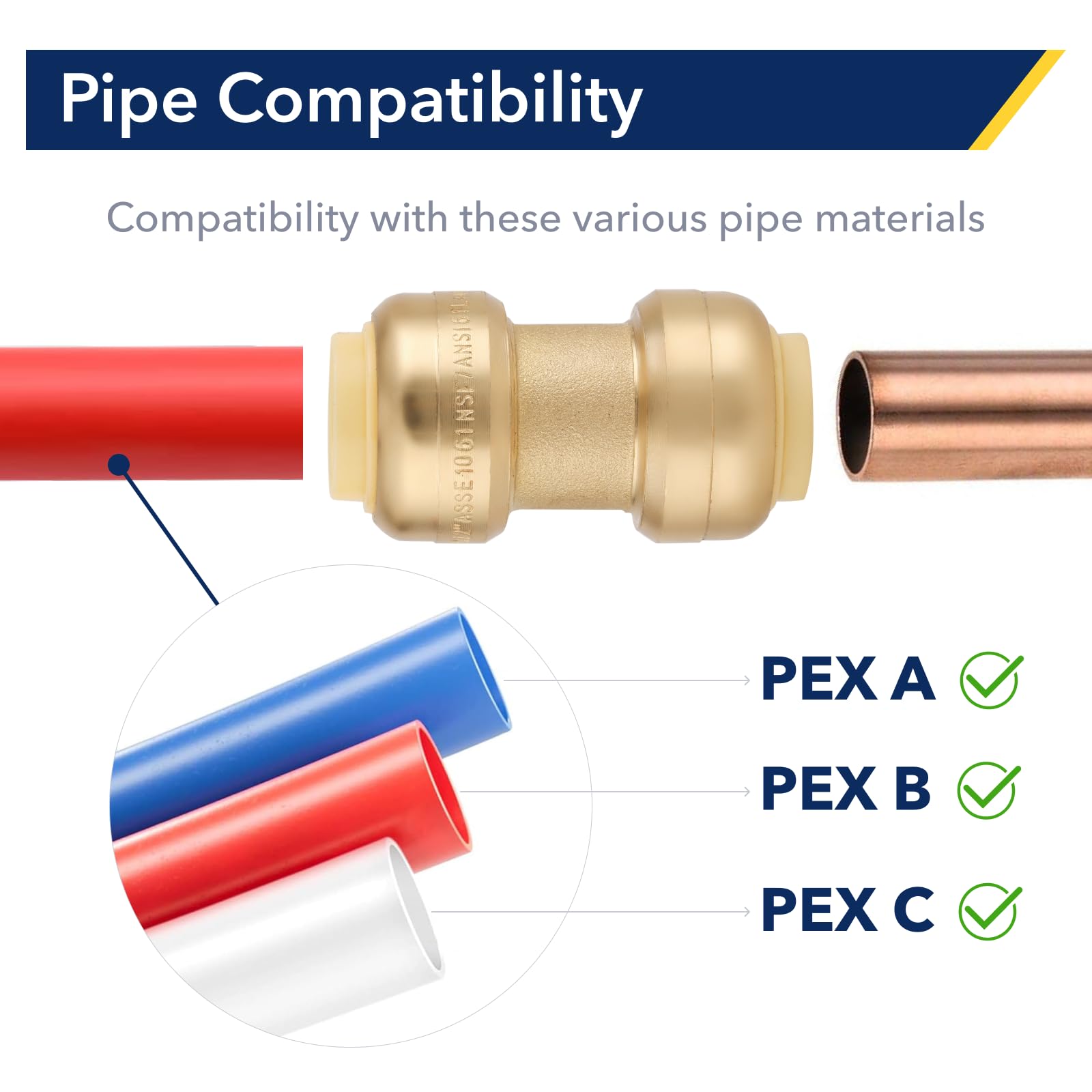 Accesorio de tubería de latón, accesorios rectos de ajuste a presión de 1,27 cm con clip de desconexión para tubos de cobre, PEX, CPVC, anticorrosión, múltiples certificaciones (paquete
