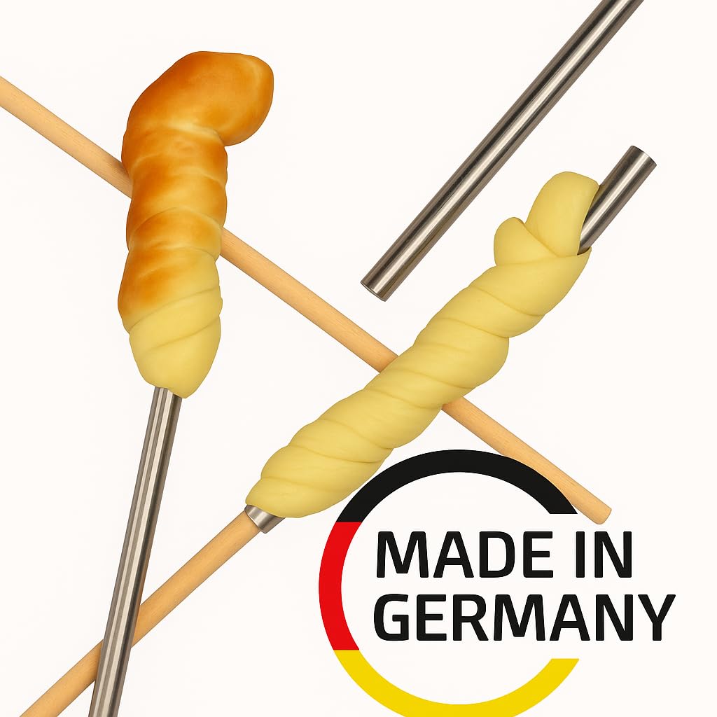 2 X Stockbrotstöcke aus Buchenholz 100 cm mit Edelstahlrohr, Stockbrotspieße Weinachtsmarkt, Grillspieße 100 cm, Grillrohr, lagerfeuer, Stockbrot, Knüppelbrot