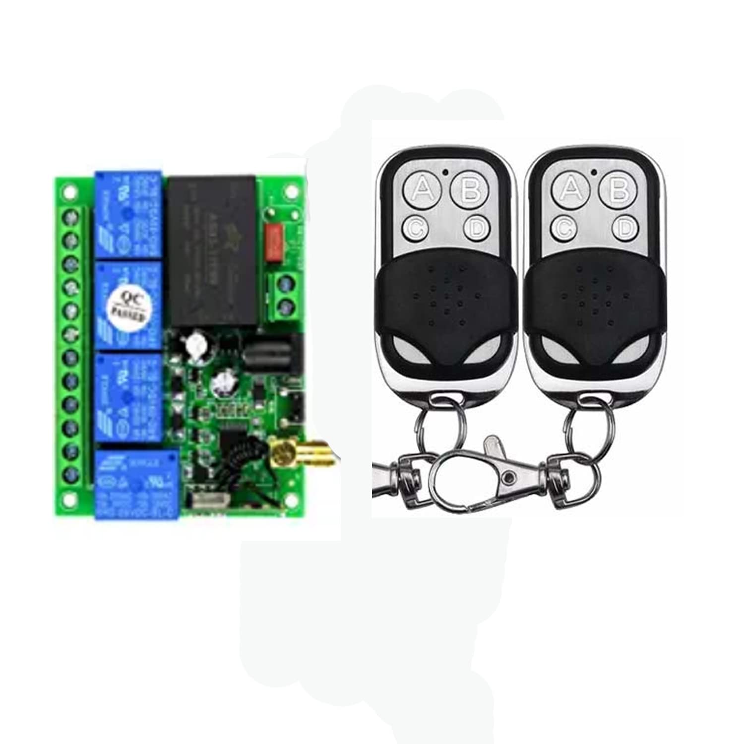 Interruttore telecomando senza fili DC 12 V 24 V 36 V DC 12 – 36 V 4 canali 433 MHz telecomando relè ricevitore con 2 trasmettitori per azionamenti lineari, motore porta del garage