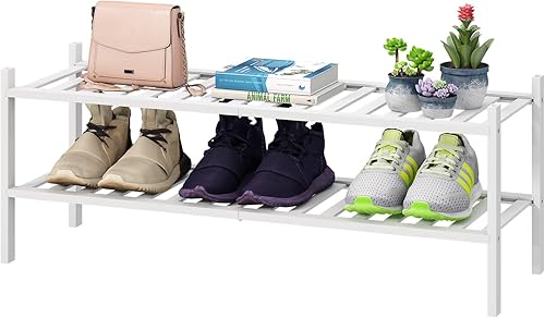 Miniatura 11 de Zapatero blanco, zapatero de madera de bambú de 3 niveles para armario, entrada y pasillo, y organizador de almacenamiento apilable para interiores