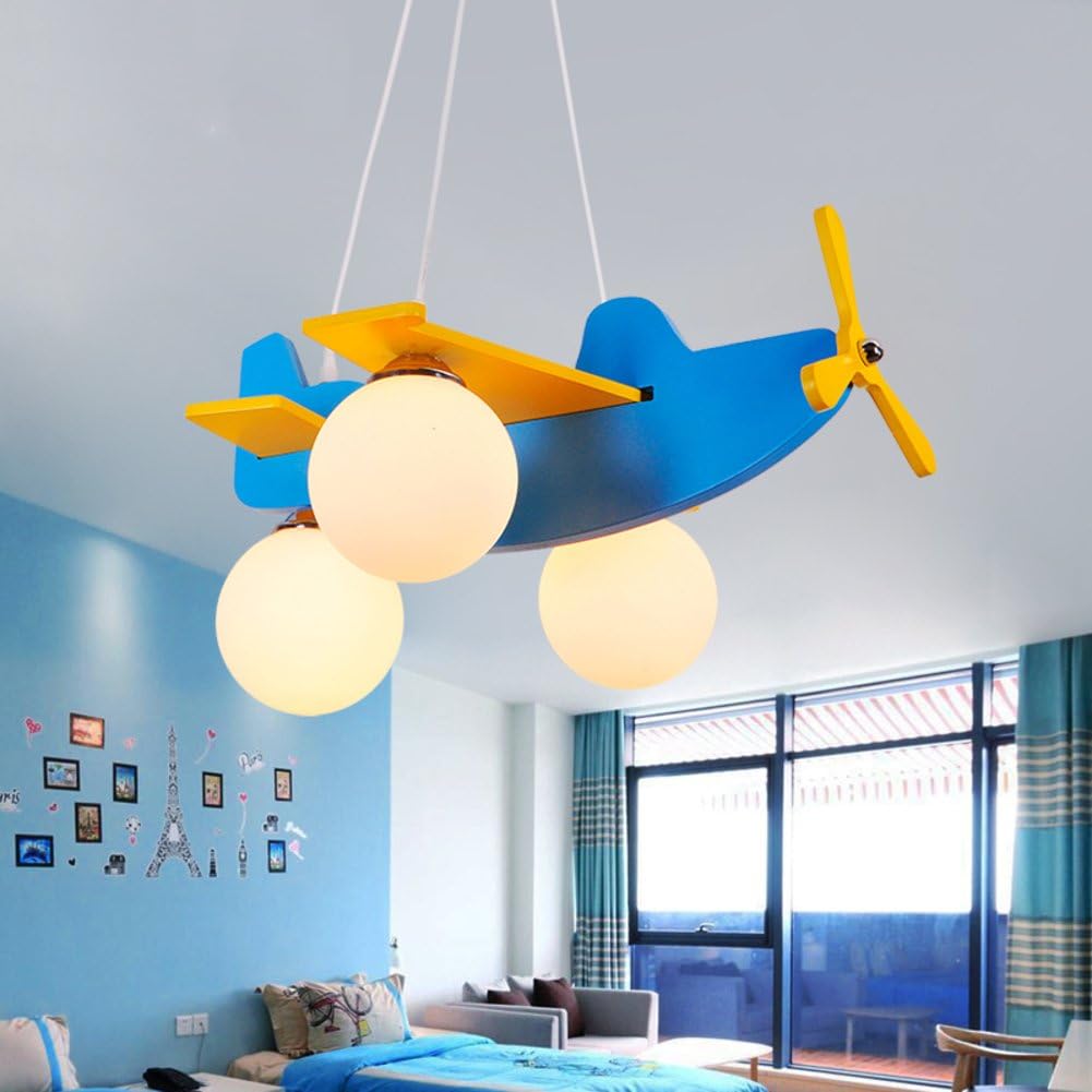 Children's Room Aircraft Pendant Chandelier,Led Creative Hanging Lighting fixtures Cartoon Ceiling Light Fixture Bedroom Clothes Shop Wood Decoration for e27-3-Lights [Energy Class A++]
