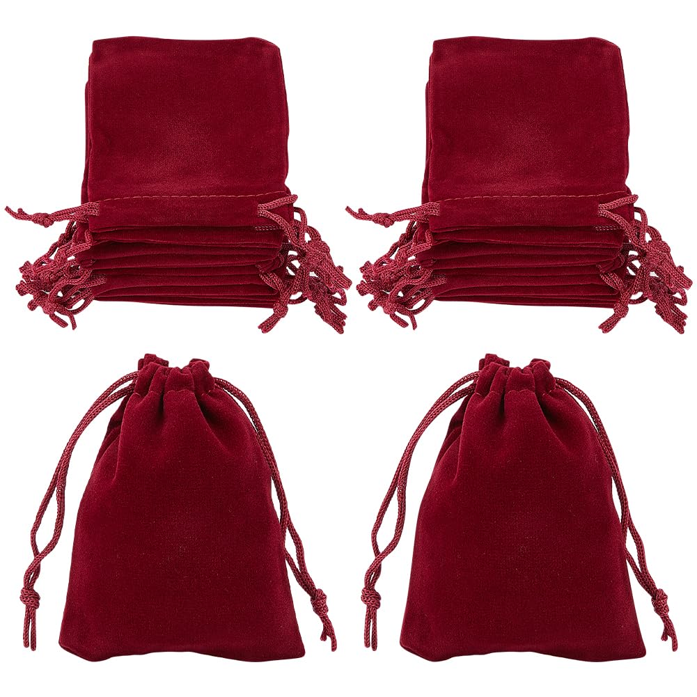 Beebeecraft 25Pcs 9x7cm Jewelry Pouches Dark Red Burgundy Red Soft Velvet Cloth Gift Bags with Drawstring Jewelry Pouches (3.5x2.8Inch)