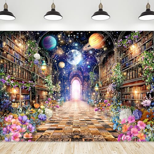 Riyidecor Galaxy Bookshelf Library Backdrop Polyester Fabric Space Celestial Stars