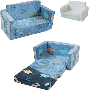 Kidzcada Glow in The Dark Toddler Couch with Bonus White Cover, Convertible Toddler Sofa to Lounger, Extra Wide Kids Sofa, Flip Open Sleeper, Toddler Chairs for Boys and Girls (Blue Dino)
