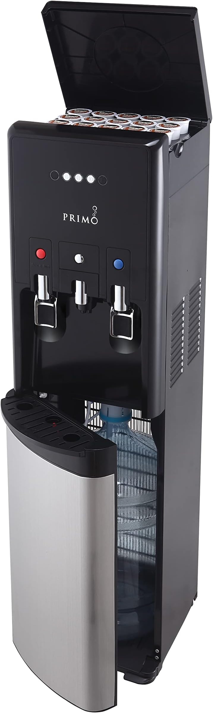 Primo hTRIO Water Dispenser with K-Cup Coffee Brewing, Bottom-Loading 2 Temp (Hot & Cold) Water Cooler Water Dispenser for 5 Gallon Bottle, Black and Stainless Steel