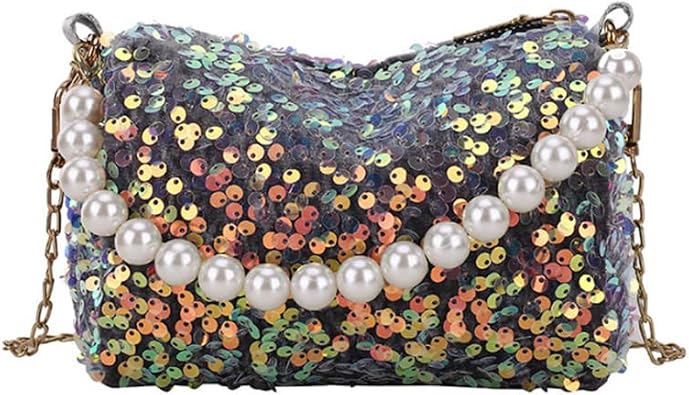 YAQUNICER Women Evening Bag Sequins Crossbody Bags Pearl Chain Handbag Party Purse
