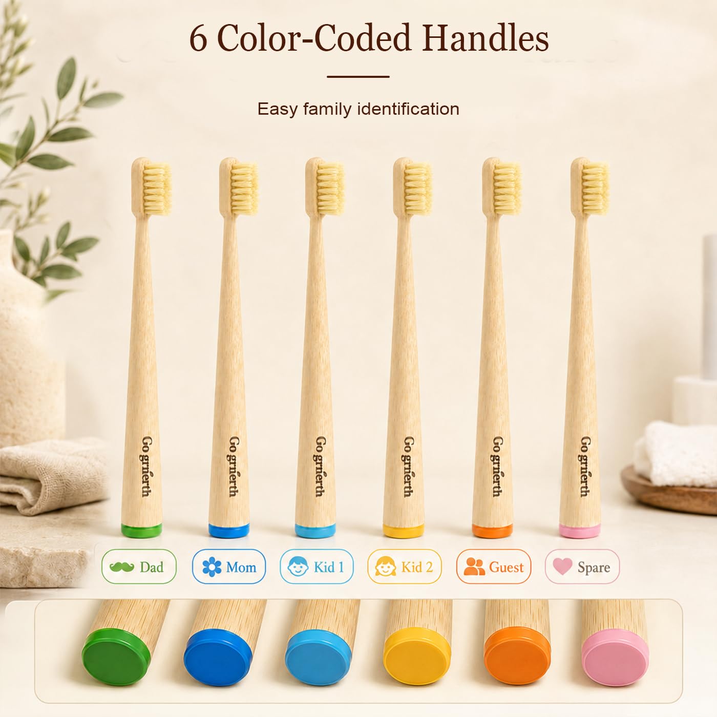 Cepillo de dientes de cerdas de jabalí natural, mango de bambú, sin nailon, manual, para adultos y familia, paquete de 6 (mediano)