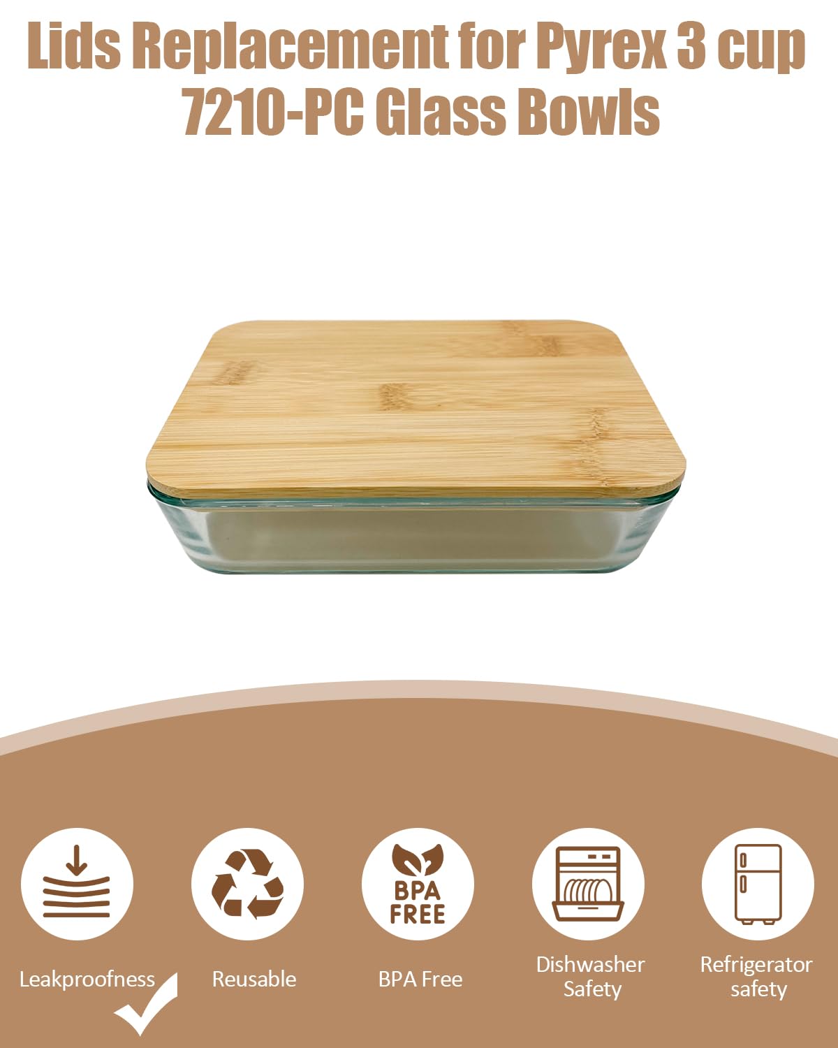 2 Pack Rectangle Replacement Lid for Pyrex - ONLY Compatible with Pyrex 7210 PC 3 Cup Food Storage Container Bowl,Bamboo Wooden Lids Freezer Dishwasher Microwave Safe (Container Not Included?