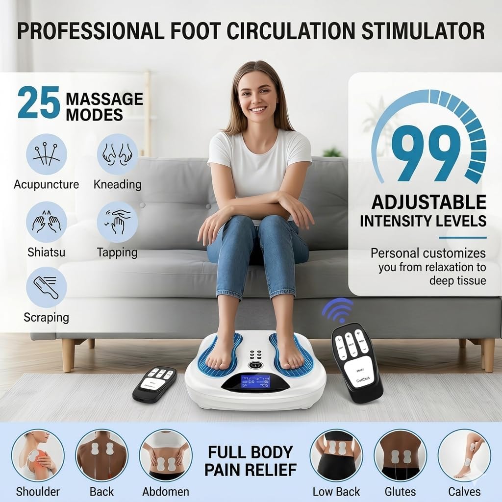 Upgraded EMS Foot Massager for Neuropathy & Circulation, TENS Foot Stimulator for Plantar Fasciitis & Pain Relief, 8 Pads, 25 Modes, 99 Intensities, Ideal Health Gifts for Seniors & Parents