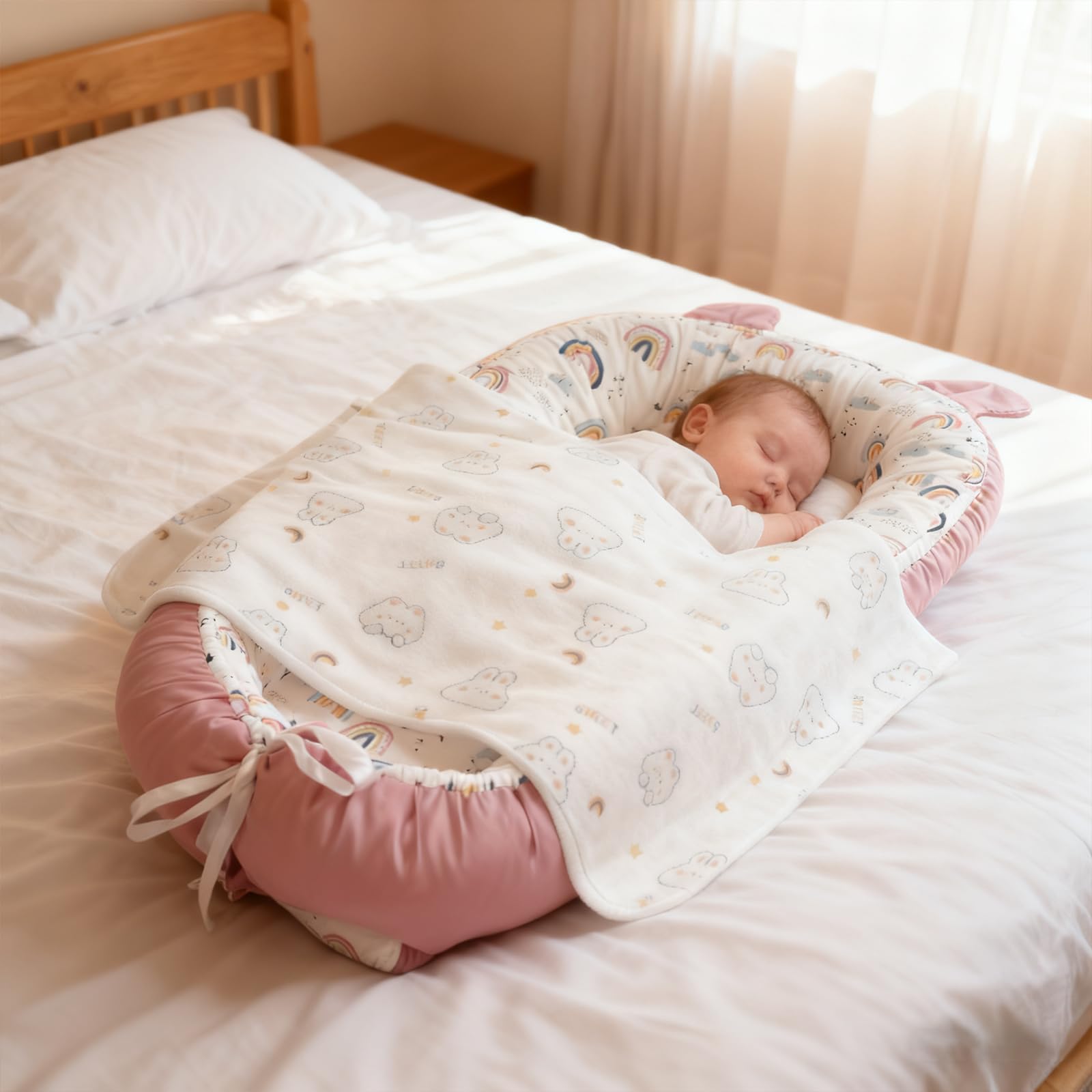Huracan Nido de bebé recién nacido, 0 – 12 meses, 100% algodón, doble cara y lavable, con manta de 85 x 85 cm y 5 paños de muselina, portátil, regalo para bebé