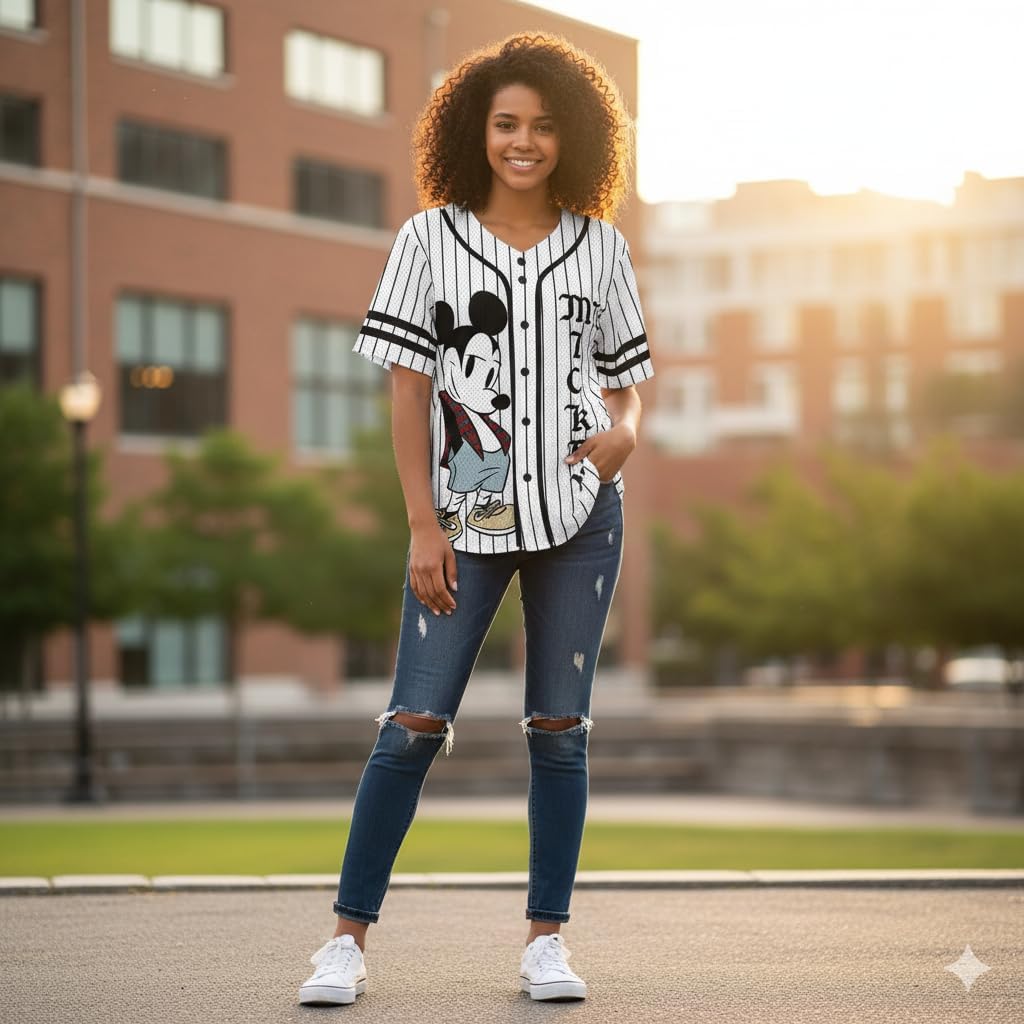 Disney Womens Ladies Mickey Mouse & Pluto Button Down Baseball Jersey Fashion Shirt - Image 8