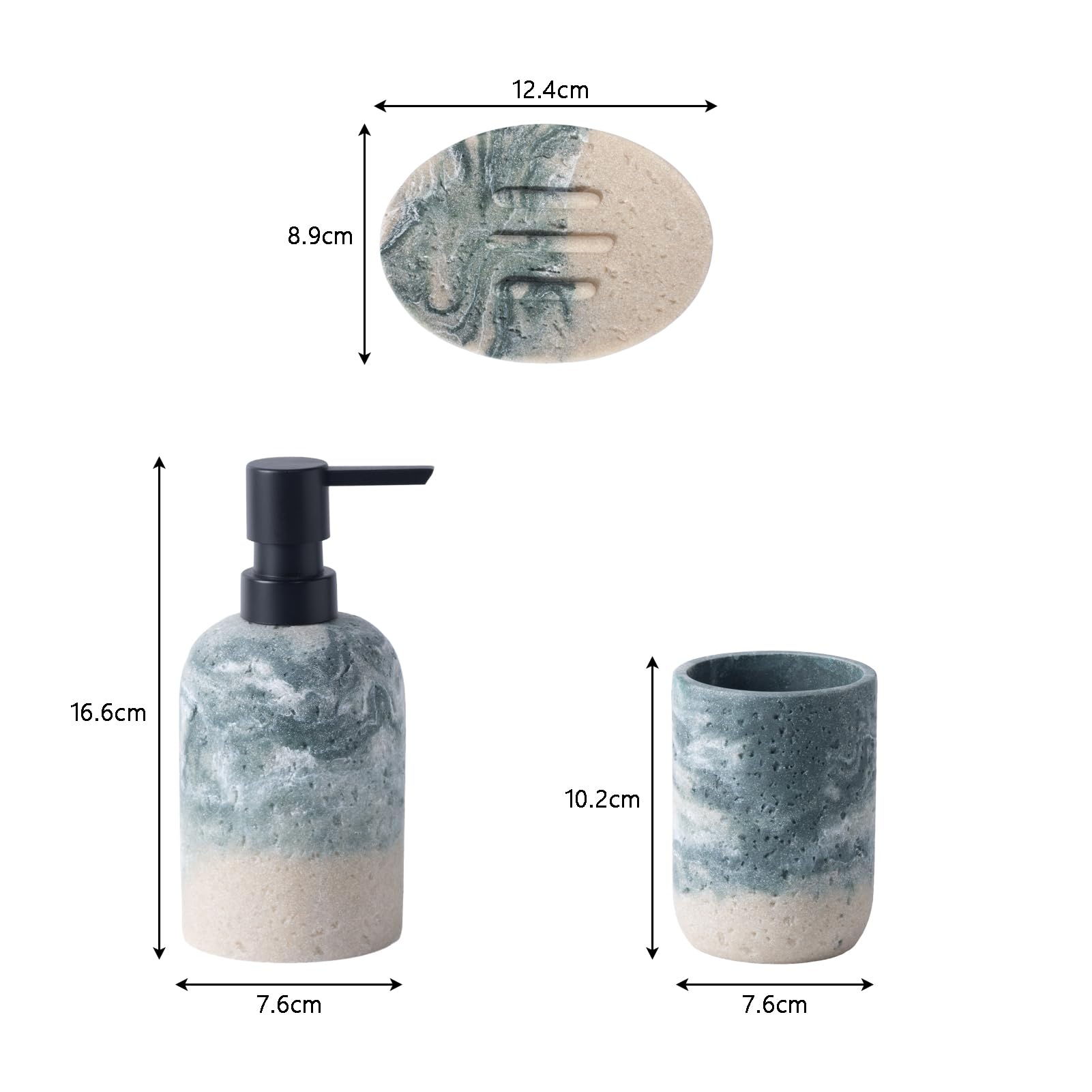 Badezimmer Set, 3 Teile Bad Set aus Seifenspender, Seifenschale u. Zahnbürstenhalter, Harz-Badezimmer-Sets 3 Stück (Grau-Grün)