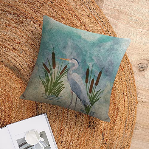 Gardenzone Pillow Covers Watercolor Blue Heron 16X16 Farmhouse Decorative Cushion Cover Square Cotton Linen Throw Pillowcase #TOP5