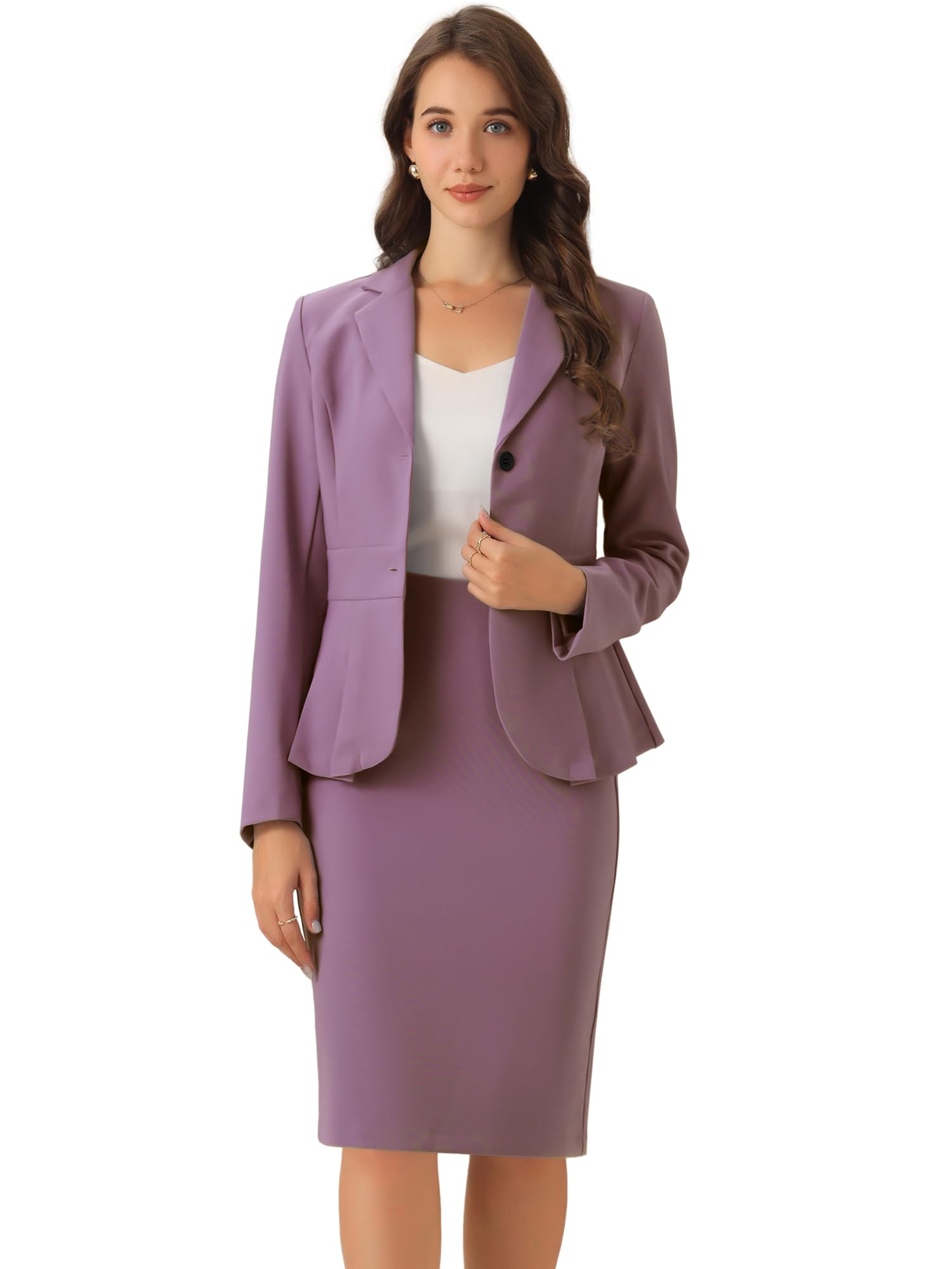 Allegra K Skirt Suit Sets for Women's 2 Piece Formal Office Notched Lapel Peplum Jacket Blazer Pencil Skirts Set