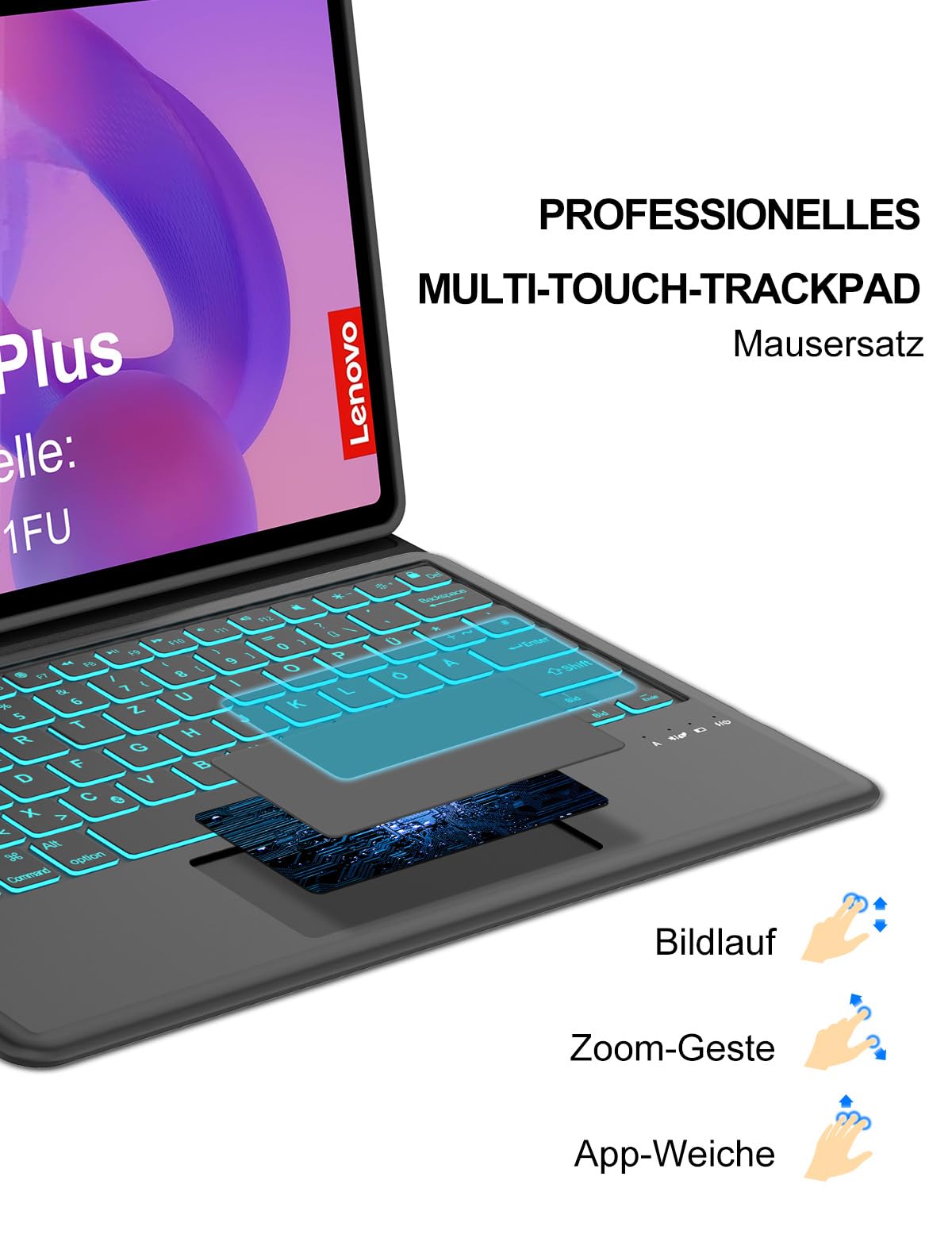 Für Idea Tab Plus 12.1" Hülle mit Touchpad & Beleuchtung QWERTZ | Mit 7-Farben Beleuchtung & Touchpad - Premium für Produktivität, Für Lenovo Idea Tab Plus Tablet 12.1 Tastatur Schwarz