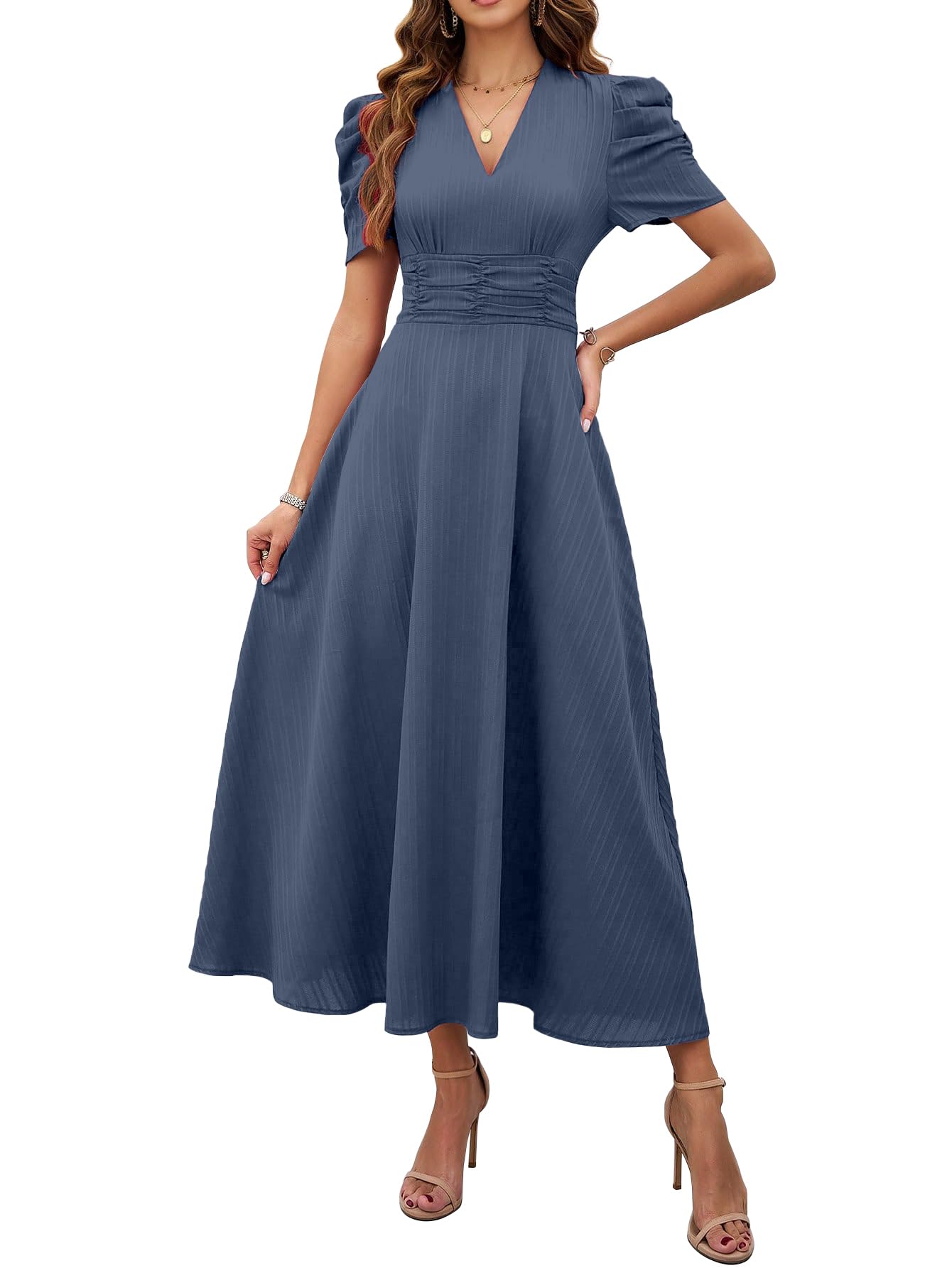 Shasmi Girl's & Women's Solid Color V-Neck A-Line Maxi Dress for Women | New Year Party Outfit | Waist Cinched Puff Sleeve Western | Elegant Casual Wear (Dress 246)