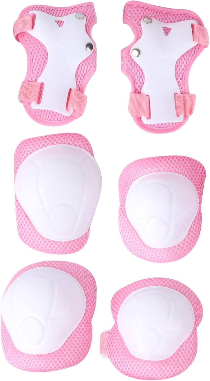 Children's Skateboarding Protective Gear Set 6-Piece Elbow Pads and Wrist Guards Adjustable Lightweight Pink Suitable for Skating Roller Blading and Cycling