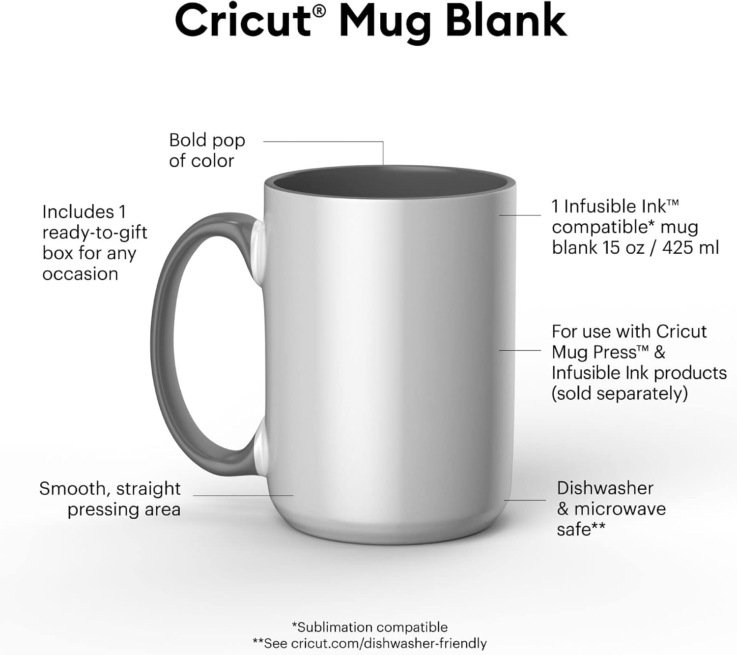 Cricut Beveled Blank Mug to Decorate, White/Gray