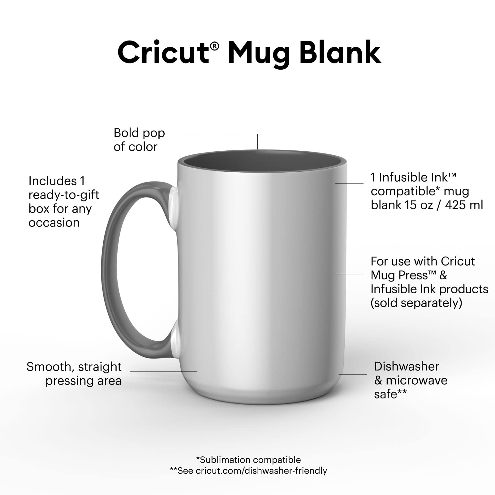 Cricut vuota-425 ml (1 ct) Vuota in Ceramica Smussata, 1 Tazza di Sublimazione a Inchiostro Infusibile, da Utilizzare Mug Press Infusible Ink, Grigio, 425 ml (15 oz), 1 Confezione