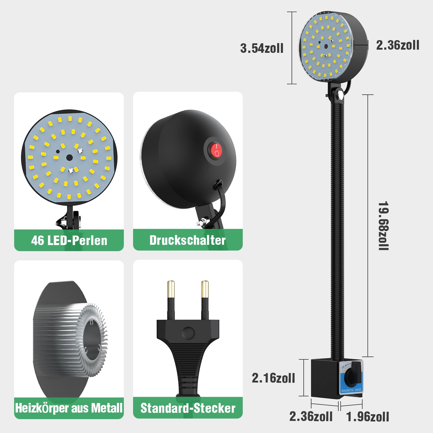 Magnetische LED Drehmaschine Lampe Maschinenlampe mit Magnetfuß 10W 1100 Lumen Flexibel Wasserdicht Arm Drehmaschine Lampe für Nähmaschine Drehbank Fräsen Bohrmaschine Industrielle Beleuchtung （6000K）