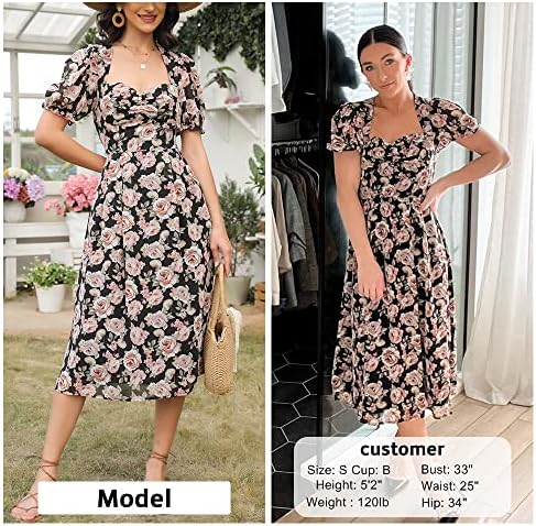 EXLURA Women's Floral V Neck Dress Puff 