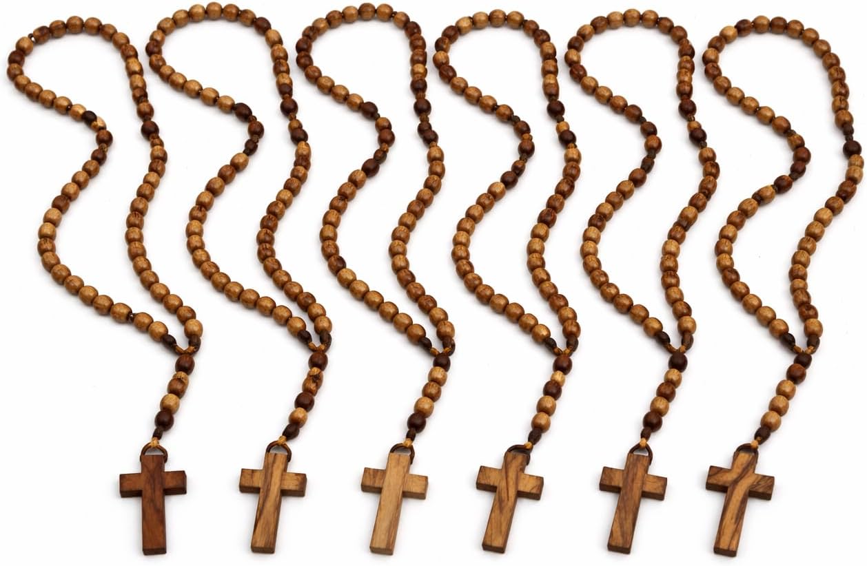Zuluf Olive Wood Catholic Rosary Set of 6 - Holy Land Israel Wooden Prayer Beads with Traditional Cord & Wooden Cross, Bulk Religious Rosaries for Church, Sacraments, Baptism, Confirmation, Rosarios Católicos