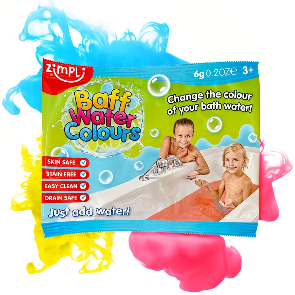 ZIMPLI - Baff Water Colours Party Bag Filler, 3 tabs in each bag, Blue, Red or Yellow, Children's Colour Changing Bath Tab Drops, Pass the Parcel Gifts