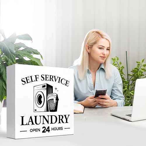 Miniatura 7 de z-crange Letrero de madera de autoservicio para lavandería, decoración de escritorio, divertida caja de lavandería, placa de madera, decoración de