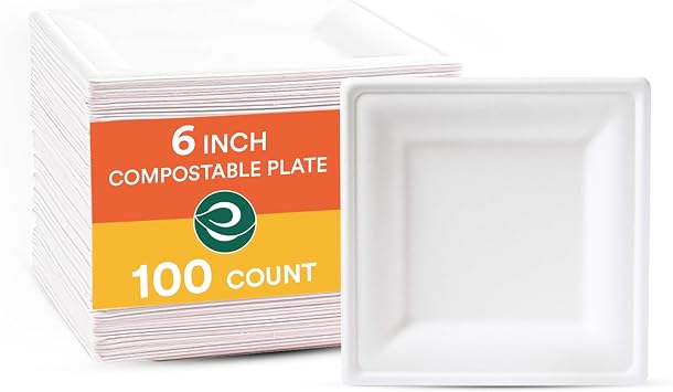 ECO SOUL Pearl White Square 6 Inch 15 cm Bagasse Paper Plates Pack of 100 Disposable Tableware and 100% Compostable Environmentally Friendly Party Tableware Robust Camping Tableware Microwave