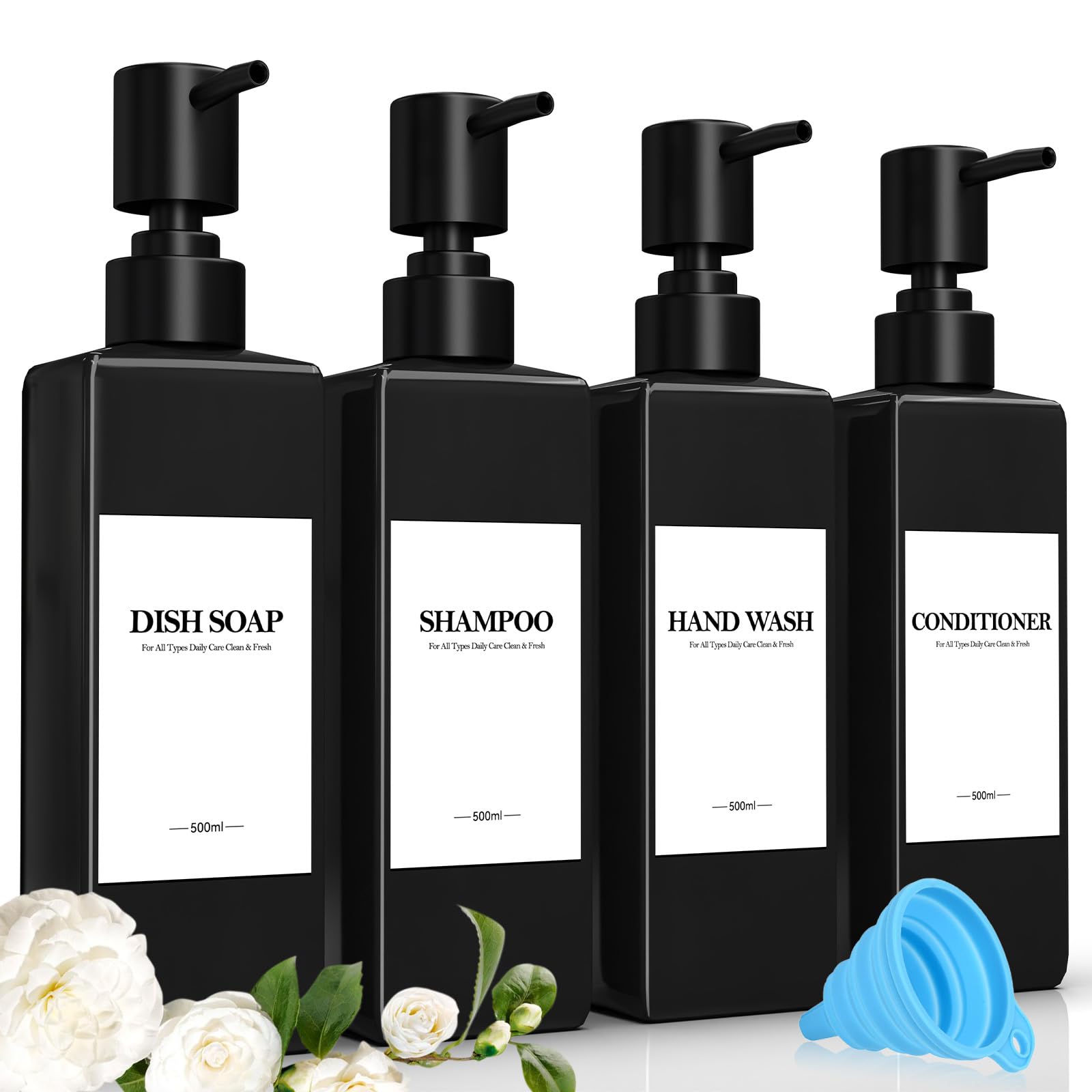 4er Set Shampoo Flaschen Zum BefüLlen Aus Kunststoff, 500 ml Seifenspender Flaschen Shampoo Spende Schwarzer Pumpspender mit Trichter und Wasserdichten Etiketten für Küche Badezimmer