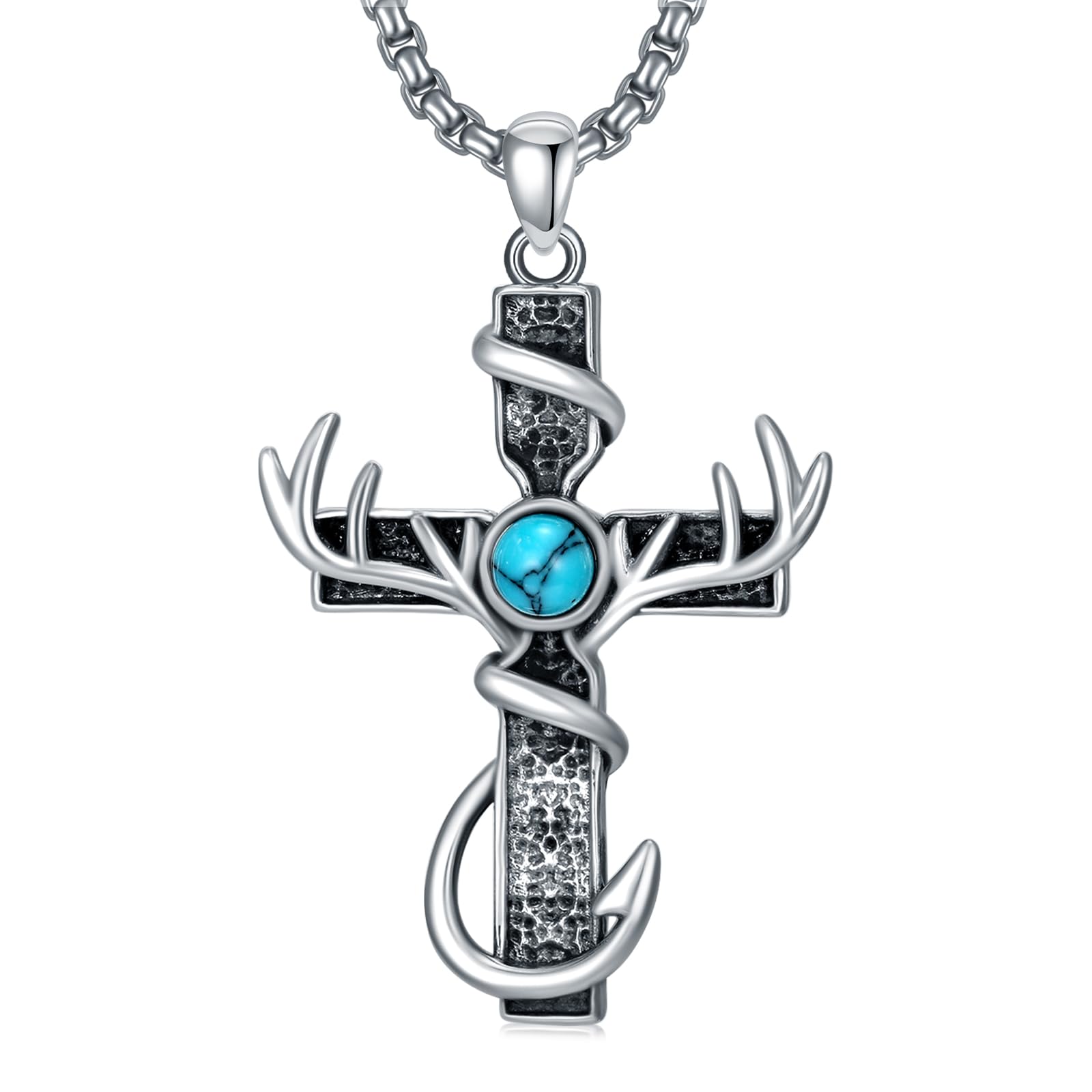 Collana con croce da caccia in argento Sterling 925 con ciondolo a forma di corna di corna da pesce, collana con gancio da pesca, gioielli da caccia, regali per uomini, cacciatori e papà