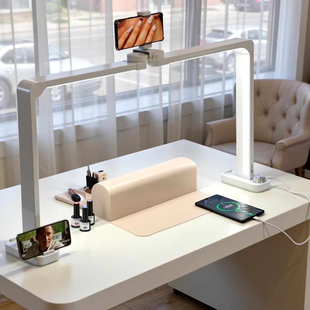Large Half Moon Light for Nail Desk,34" Foldable Nails Tech Light with Phone Holder, Stepless Dimming & 3 Modes 3000-6000K Color Temperature for Manicure/Lash Extension/Tattoo/Beauty (White)