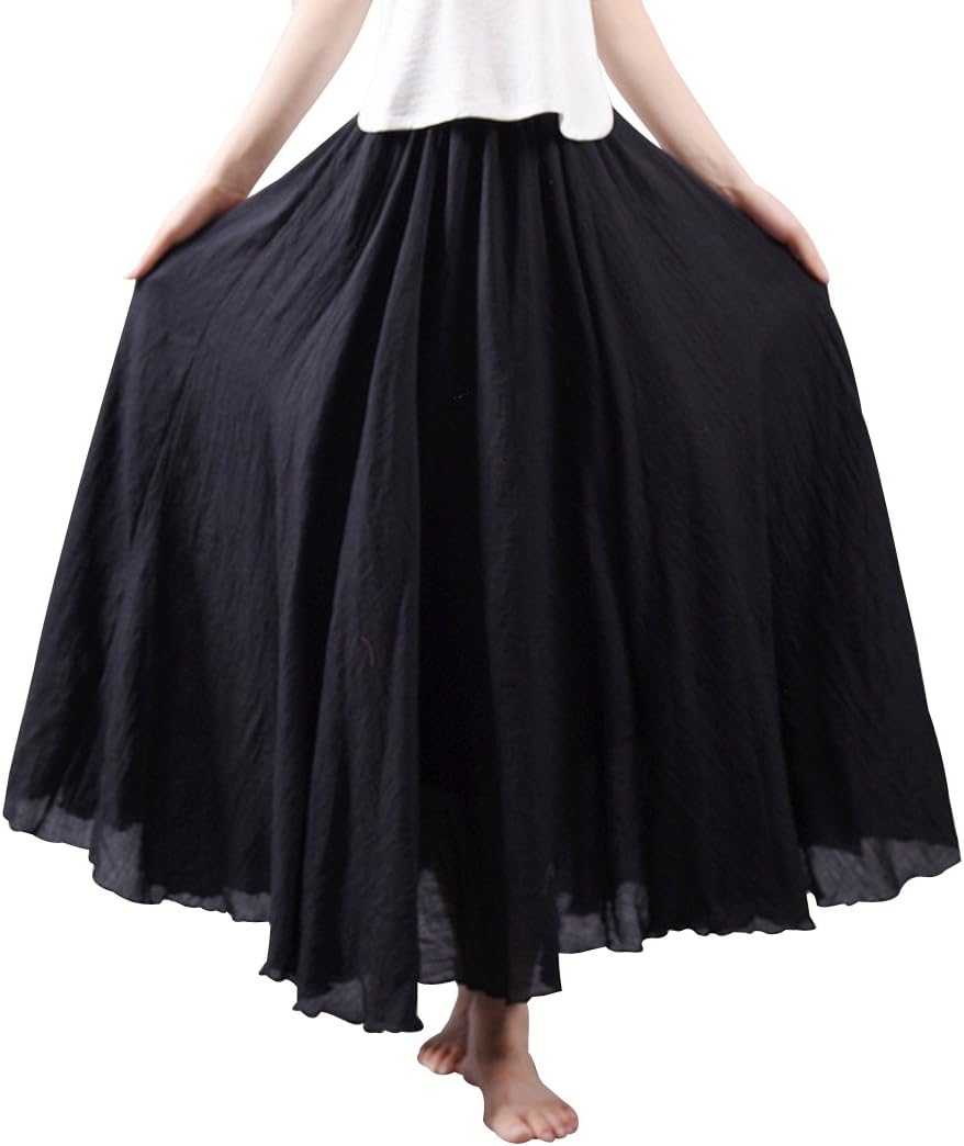 Kafeimali Women Bohemian Cotton Linen Double Layer Elastic Waist Long Maxi Skirt