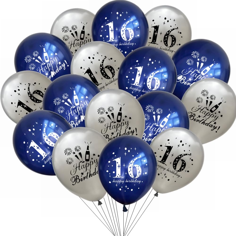 Yunchu Online 16th Birthday Balloons Happy 16th Birthday Balloons Blue Silver 16th Birthday Decoration 16 Anniversary Birthday Party Decoration for Girls Boys 16th Birthday Anniversary Accessories