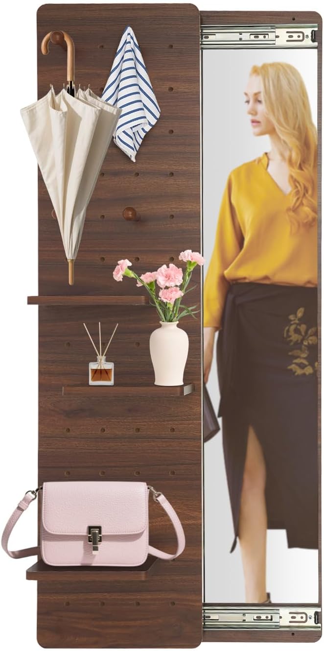 Hidden Sliding Full Length Mirror with Shelf & Hooks, Entry Way Wall Mirror Dressing Mirrors with Storage Multifunctional Design Panel for Bedroom, Living Room