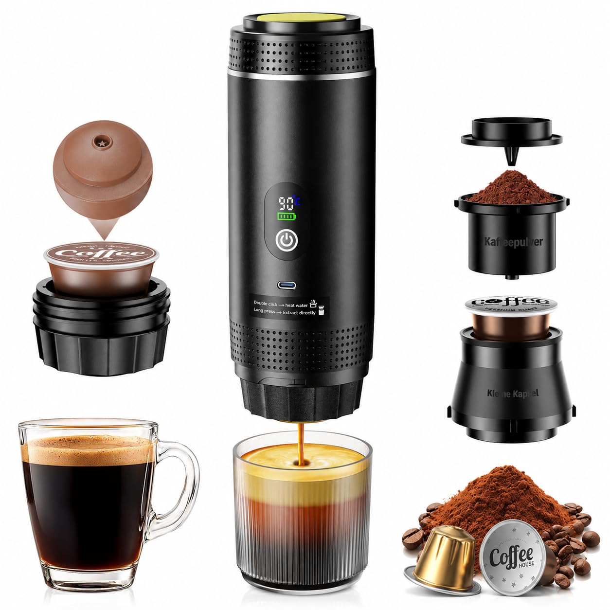 HSSNS Mini Kaffeemaschine für Unterwegs, 3-in-1 Akku Kaffeemaschine mit USB, Auto Espressomaschine, Kompatibel mit Kapseln und Gemahlenem Kaffee, Camping Gadgets für Wohnmobil & Reisen