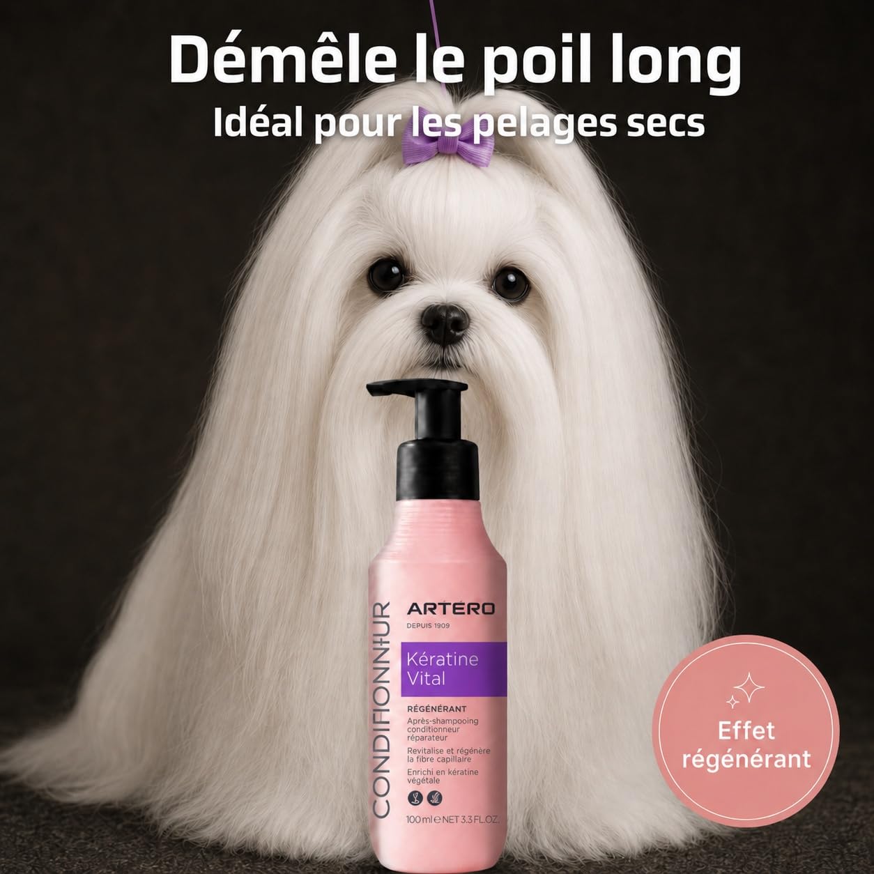 Artero Après-Shampoing Keratin Vital 90ml pour Chiens et Chats - Régénération Instantanée, Douceur et Brillance pour Un Pelage Fort et Protégé, Effet Anti-Frisottis