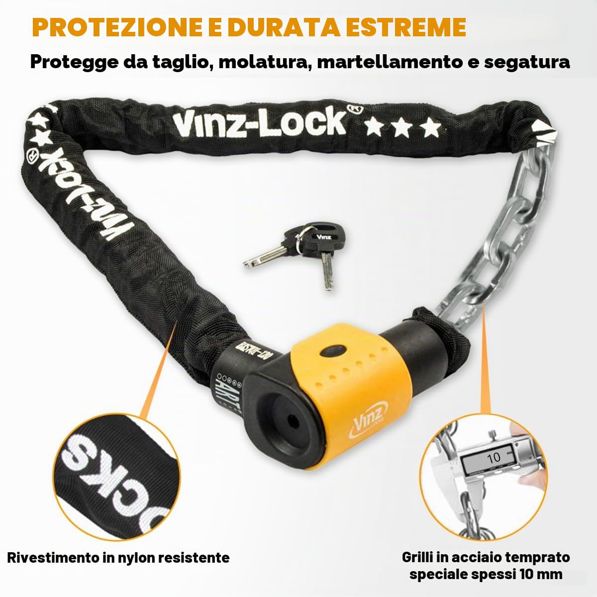 VINZ Jannu Lucchetto a Catena Scooter Antifurto | ø10mm Acciaio Temperato | Con Tre Chiavi | Antifurto Versatile per Scooter o bici elettrica | Disponibile in diverse misure - 100 cm