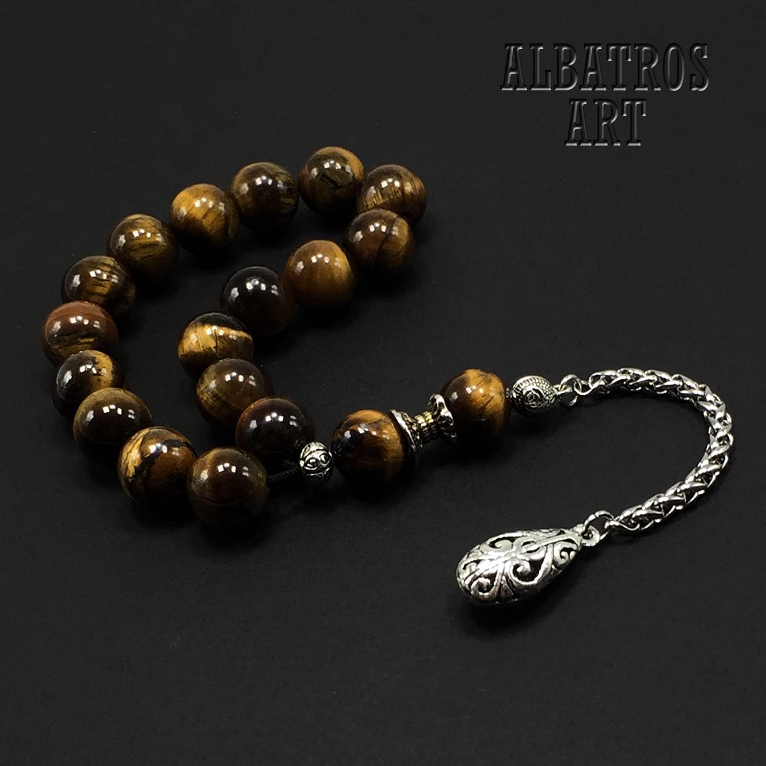 Relaxing Stress Relief Big Prayer Beads, Worry Beads, EFE Tesbih, Maskot Tesbih, Tasbih, Rosary (Tiger Eye Natural Stone - 12 mm- 17 Beads)