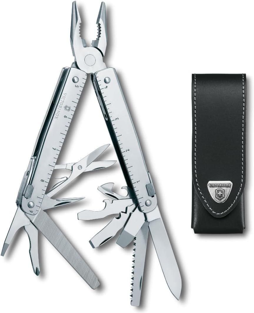 Swiss Tool X Swiss Army Knife, 26 Function Swiss Made Multitool with Large Blade, Pliers and Wire Cutter - Silver with Leather Pouch